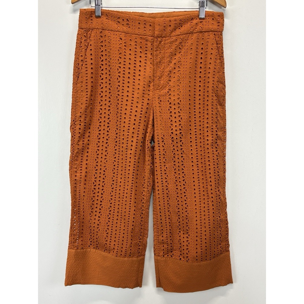 ZARA Topstitched Embroidered Pants Women's Large Burnt Orange Cut work Eyelet